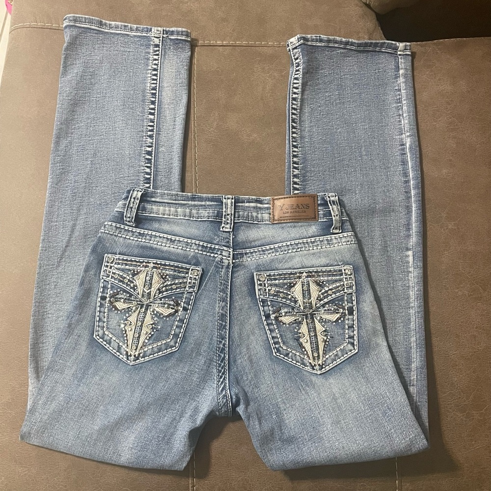 Womans Y2k Y Jeans Los Angeles Rhinestones Cross Skinny Jeans Size 5/6
